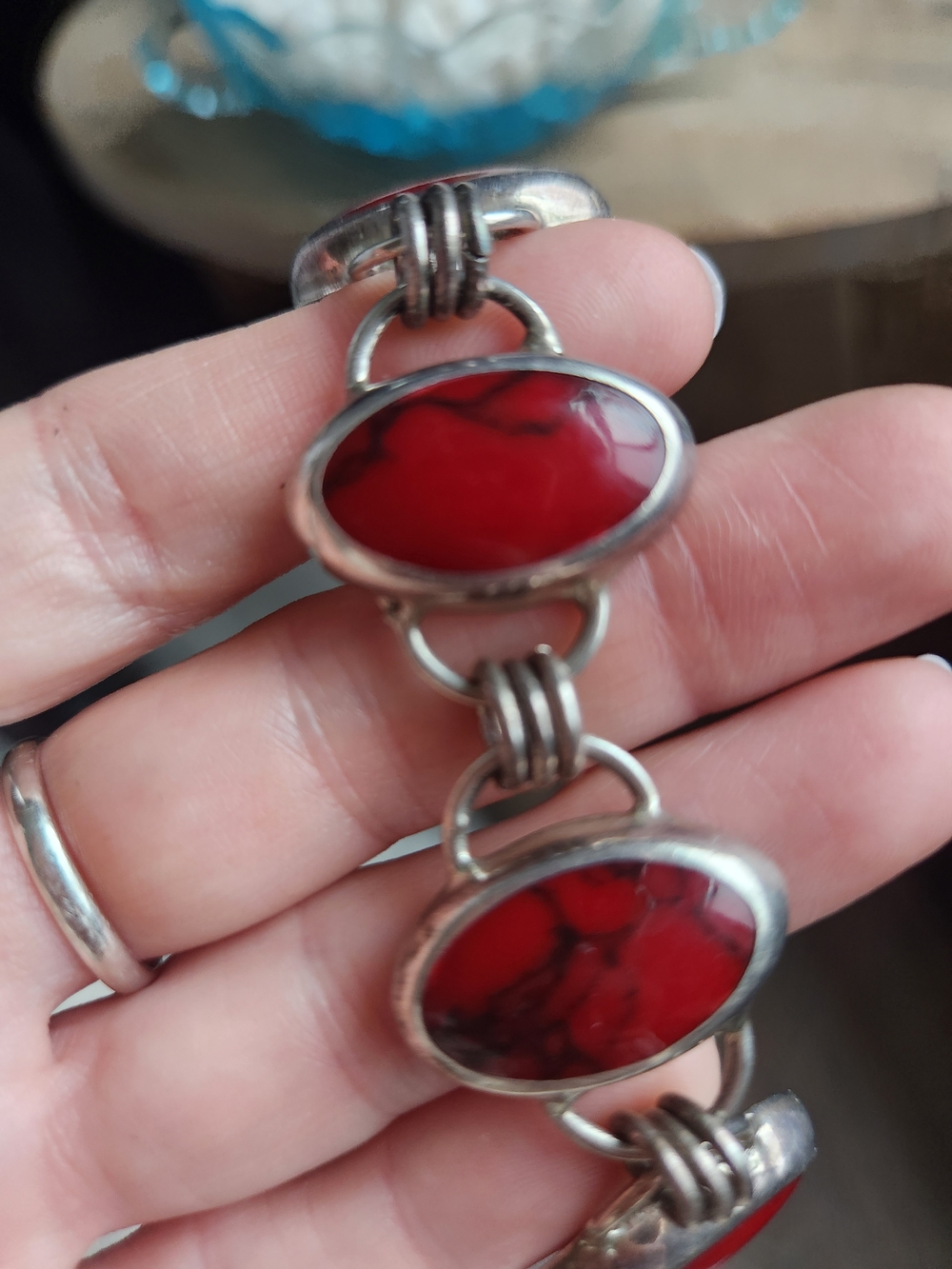 Vintage Red Jasper Sterling .925 Stamped Taxco, Mexico Link Bracelet - Women - Picture 4 of 10